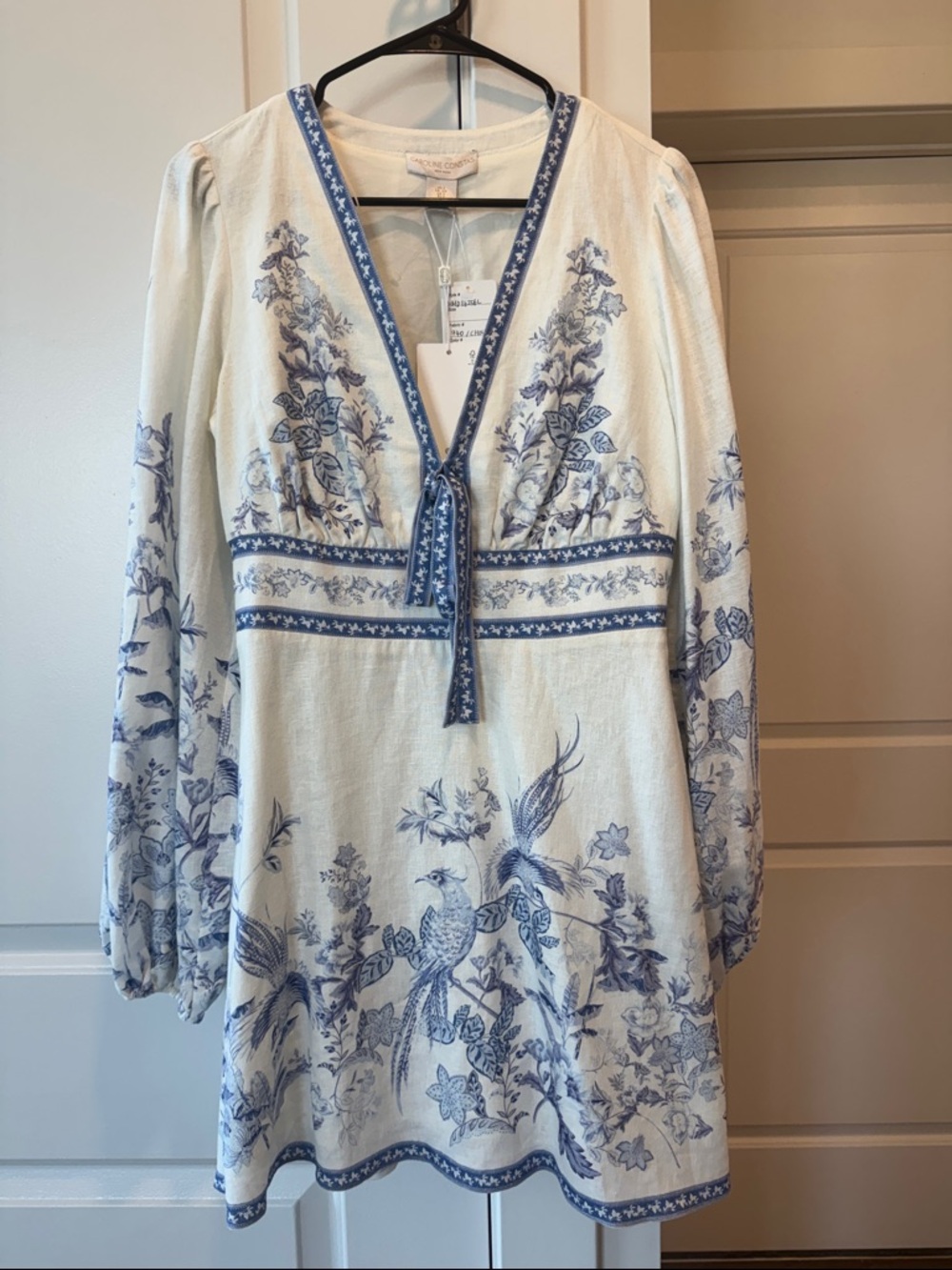 Caroline Constas white Tunic Dress with Blue Floral Embroidery